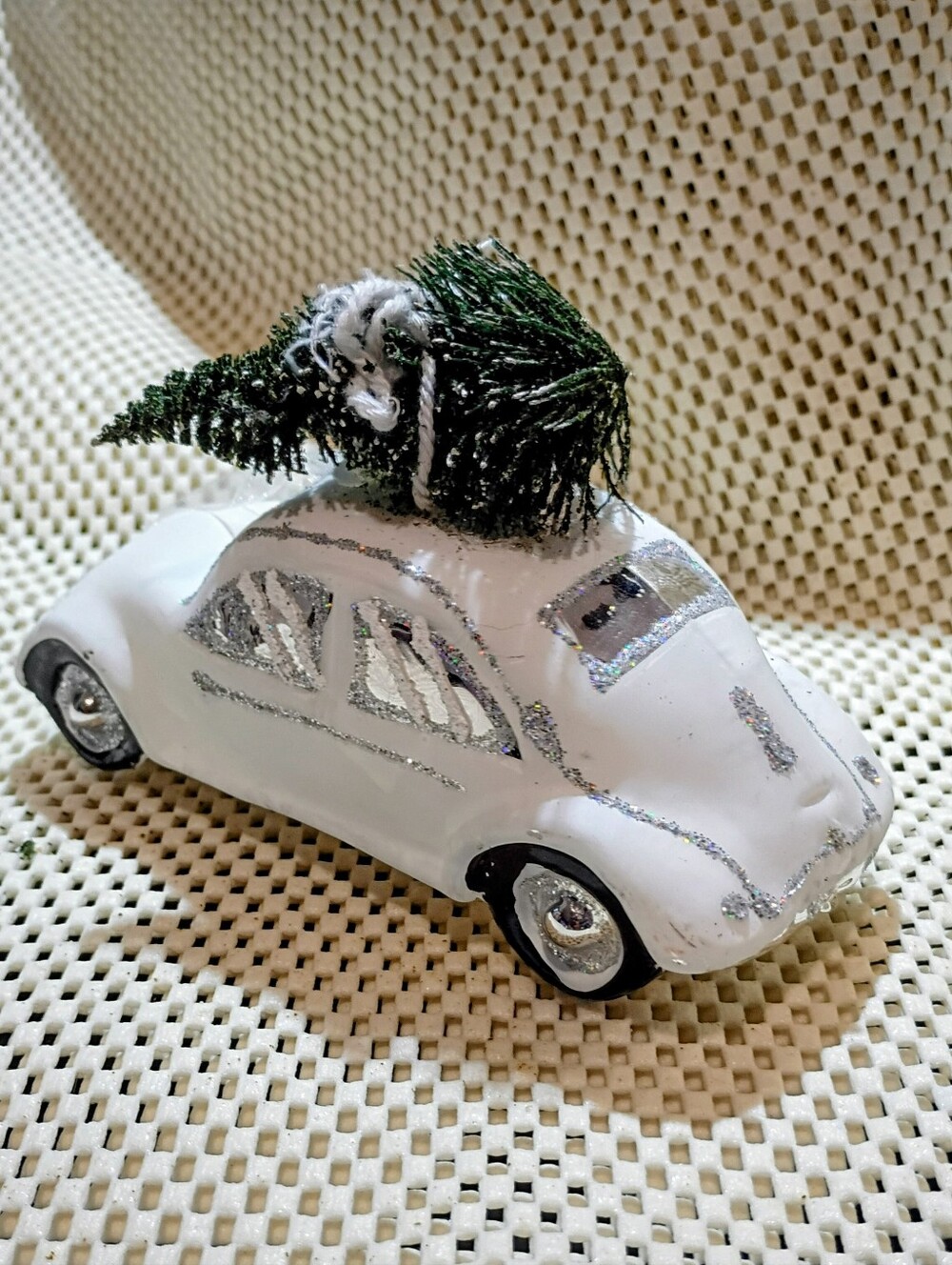 ORNAMENT Glass White Car 🎄 Ribbin BRAND-NEW